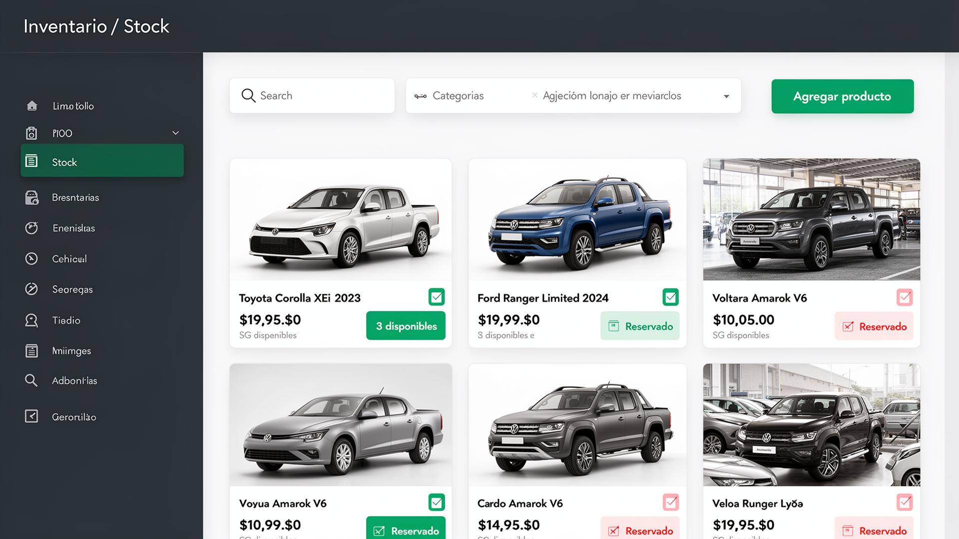 Panel de Stock e Inventario de Clousy con grilla de productos, precios y disponibilidad